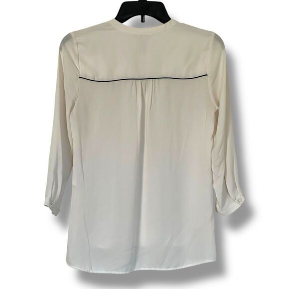 H&M Semi Sheer White Chiffon Popover Top 3/4 Sleeve Size 4 Black Trim Minimalist - Picture 2 of 8